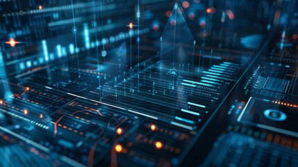 A dynamic 3D digital interface with glowing blue data streams and analytics charts