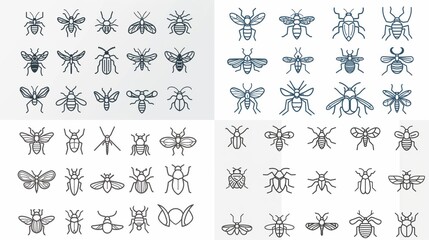 A creative array of various insect icons showcased in a grid format in hand-drawn style