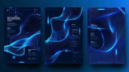 These images showcase a set of three abstract designs with blue particle waveforms and digital elements