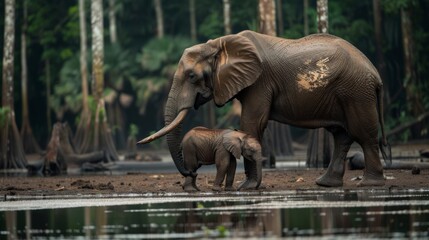 Fototapeta premium An adult elephant and its calf are by a waterside in a forest-like setting, displaying a touching moment of animal life