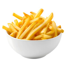 golden French fries in a white bowl isolated on transparent background. generative ai