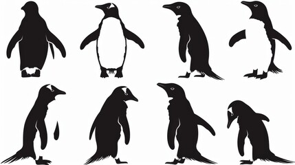 A set of black and white penguin illustrations showcasing various poses and movements of these Antarctic birds