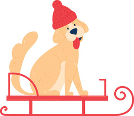 Golden retriever puppy wearing red beanie seated sled winter illustration. Cute dog sitting sledding enjoyment cold season isolated white background. Adorable playful canine winter sports festive