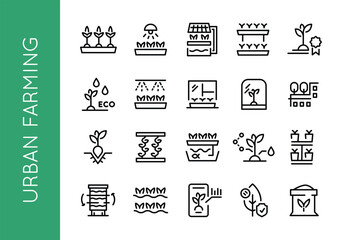 Urban farming icons. Set of 20 urban farming trendy minimal icons. Seedling, watering, home cultivation, vertical farming. Design signs for web page, mobile app, packaging design. Vector illustration.