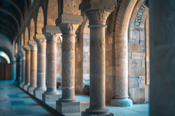 Obraz premium Architectural Detail of Ornate Stone Columns in Historic Italian Church Cloister, Treviso Italy