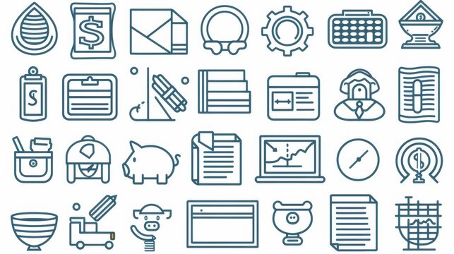 A collection of stylized blue business and finance icons on a white background suggesting various corporate concepts
