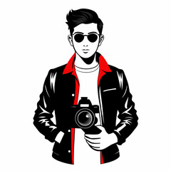 vector silhouette illustration of a realistic young stylish photographer standing while holding a DSLR camera