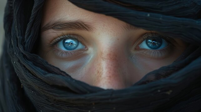 Beautiful blue woman eyes behind black scarf looking up 