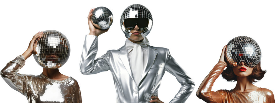 Futuristic Fashion: Disco Ball Heads. Set of models in metallic outfits pose with disco ball heads, creating a striking blend of fashion and surrealism, cut out - Powered by Adobe