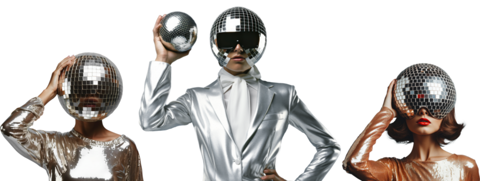Futuristic Fashion: Disco Ball Heads. Set of models in metallic outfits pose with disco ball heads, creating a striking blend of fashion and surrealism, cut out
