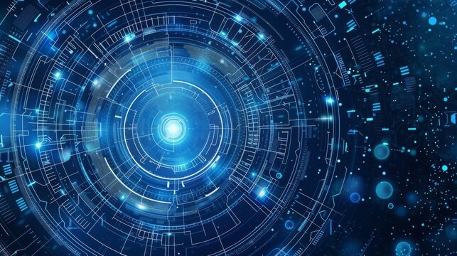 An illustrative digital concept showing a blue futuristic technology interface with complex circular designs and glowing elements