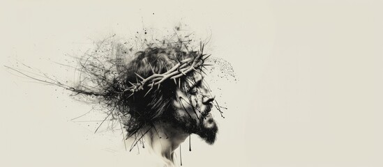 Fototapeta premium Portrait of Jesus Christ with crown of thorns on his head. Black and white digital artwork.