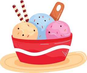 Colorful ice cream scoops red bowl dessert sweet treat. Three different flavored ice creams wafer sticks cartoon style illustration. Bowl cream wooden plate summer refreshing snack