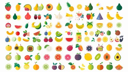 A vibrant collection of assorted fruit icons representing healthy food choices in a flat design style