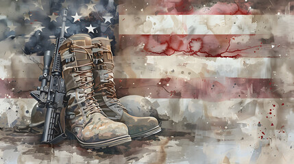 U.S. military gear with boots and rifle in front of a blurred American flag illustrating a solemn Memorial Day tribute for fallen heroes