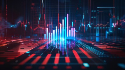 An abstract image of a digital holographic financial chart with various data indicators and futuristic elements