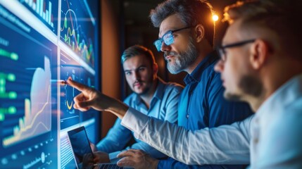 A group of men are intently analyzing financial data across multiple computer screens in a dark office environment