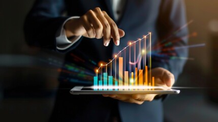 A professional in a suit presents a futuristic holographic growth chart, symbolizing analytics and progress in business