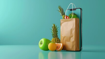 Online grocery shopping app: full grocery bag and receipt on smartphone screen 