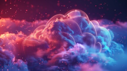 Futuristic digital representation of a cloud-shaped brain against a blue and red background, symbolizing cloud computing and AI