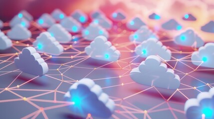 Multiple blue cloud icons linked by a network of lines against a soft red-purple background, depicting cloud computing connectivity