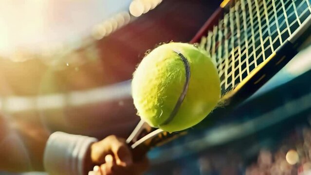 Tennis player with racket and ball court, closeup. Man exercising healthy lifestyle, playing in professional tournament. Motion game, vitality athlete, and competition sport.