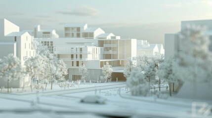 Obraz premium This image shows a 3D rendered model of a section of a city with buildings, highlighting potential urban planning