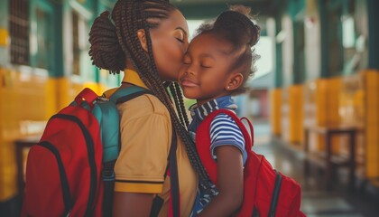 Obraz premium Mother kissing her child's forehead lovingly before the child goes to school