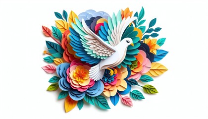 Obraz premium Peace dove surrounded by a burst of colorful flowers in a circular pattern