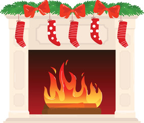 Christmas fireplace decorated seasonal garland bows stockings. Cozy festive fire burning bright warm holiday scene. Traditional Xmas hearth full joyful decorations red socks