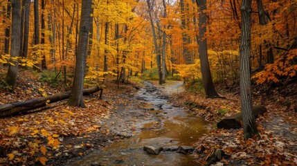 Fall hues in woodland with a tiny stream