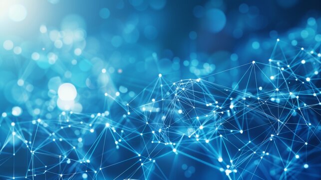 Shimmering light effects create a bokeh style on a network of digital nodes and connections against a blue background