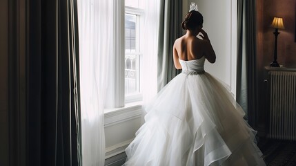 Fototapeta premium Bride waiting by window in elegant gown with natural light illuminating the room.