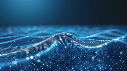 This image depicts a digital wave made of glowing dots creating a futuristic abstract blue background