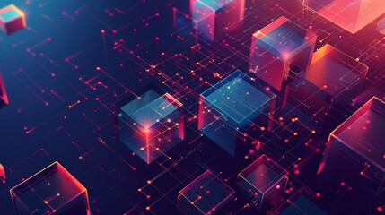 A 3D rendering of vividly colored geometric blocks representing the interconnectivity of a blockchain network