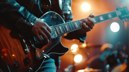 Obraz premium Concert in a Night Club. Five String Bass Guitar Played by a Musician. Concert in front of Bright Colorful Strobing Lights