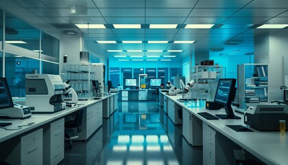 Modern laboratories equipped with advanced equipment such as electron microscopes, test tubes and super computers for research into new drugs