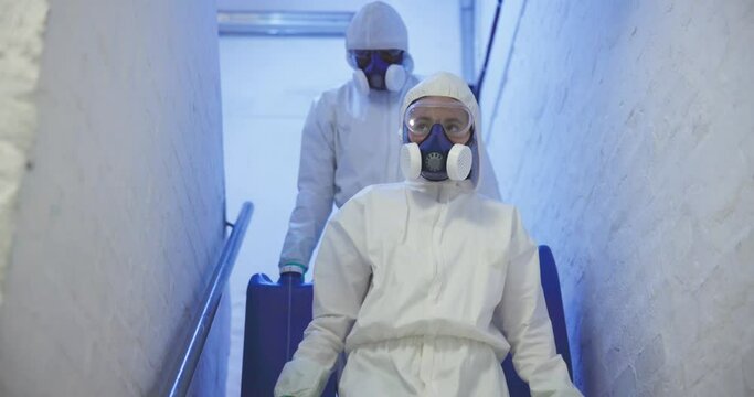 Chemical waste, toxic and people with barrels in ppe suit, dangerous or nuclear product. Poison, radiation or stairs with radioactive material and ecological disaster, team and environmental clean up