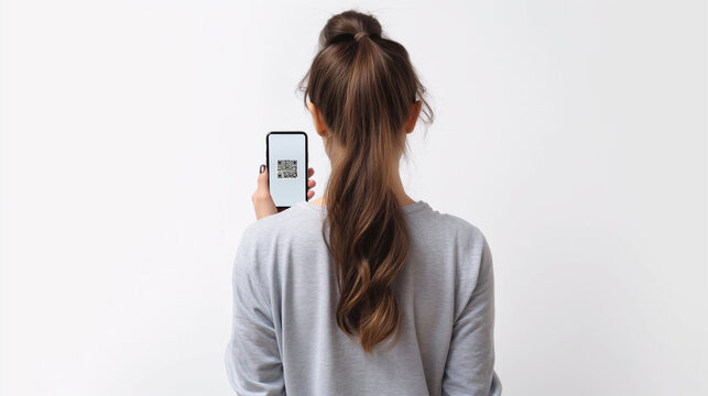 a woman scanning QR code using mobile phone, Over the head shot, mobile focused, white background, high-angle photo from above shot from behind of a woman,