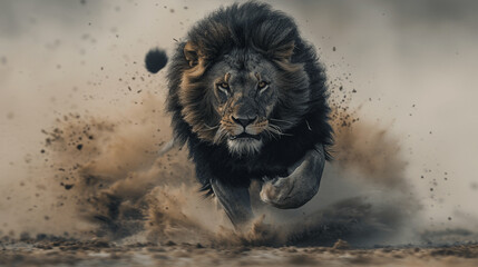 Masterpiece photograph of a black lion running at full speed in African national parks against a pure white background: National Geographic style.