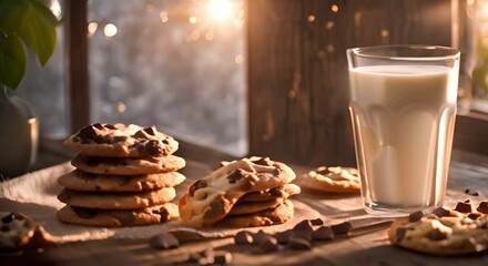 Chocolate chip cookies with a glass of milk on a rustic wooden table - Powered by Adobe