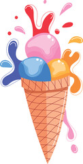 Colorful triple scoop ice cream cone melting, vibrant splashes. Sweet dessert graphic illustration isolated white background. Summer treat colorful ice cream waffle cone dripping