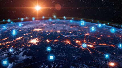 visualization of a global network, depicting a digital globe surrounded by interconnected lines and nodes, symbolizing internet connectivity and data exchange across the world