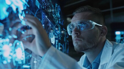 A dedicated researcher analyzes complex data visualizations amidst a futuristic digital interface in a modern lab.