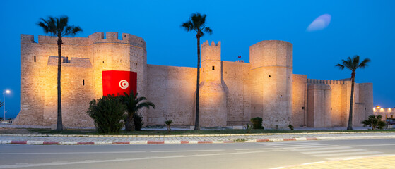 Ribat in Monastir in night illumination, Tunisia. Islamic defensive structure. It is oldest ribat...