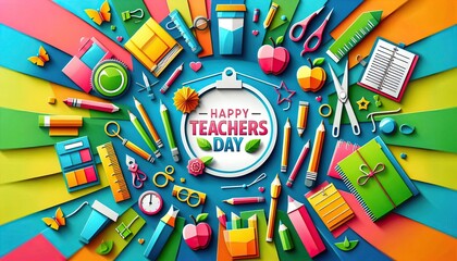 Happy Teacher's Day with colorful school supplies surrounding a blue banner
