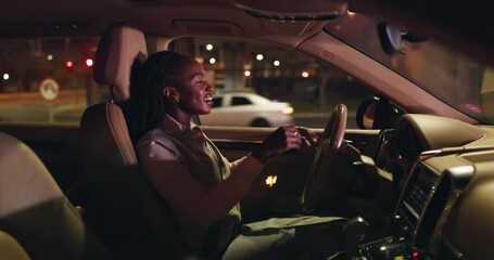 Night, black woman driving car in city and smile for business commute, transport or travel. Automobile, drive and journey with happy employee in vehicle for evening trip in dark on urban town street