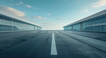 A large empty airport tarmac with a white line down the middle, modern terminal hangars, warehouse or factory
