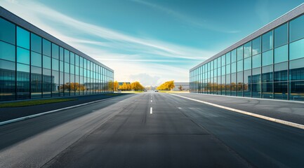 A large empty road with two buildings on either side, modern terminal hangars, warehouse or factory