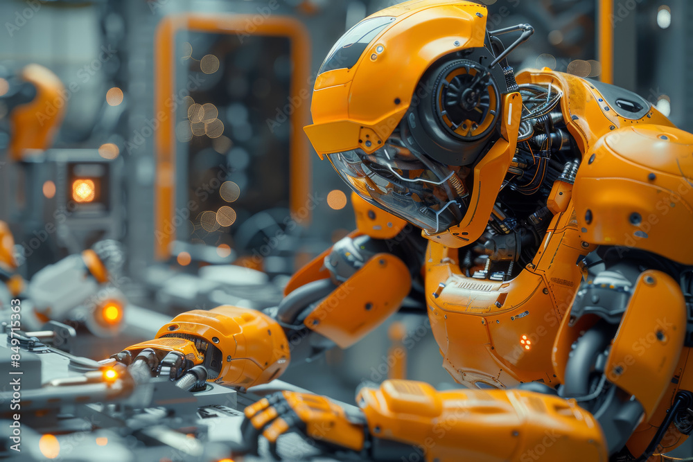 Poster engineers working on a complex robotic project. concept of innovation and technological advancement.